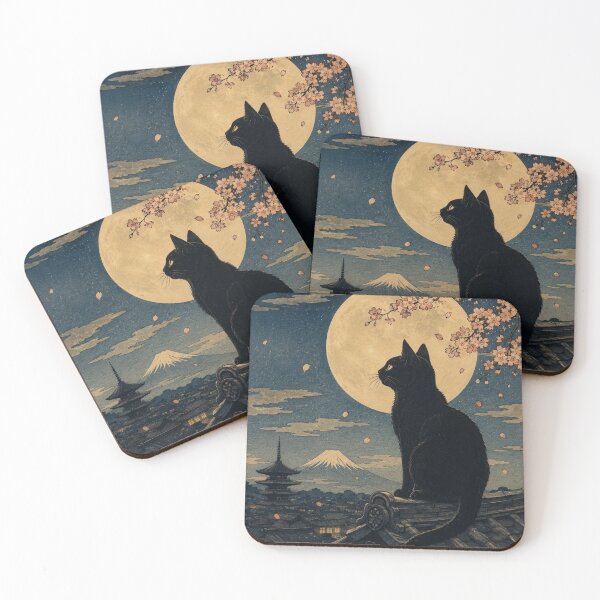 Item preview, Moonlit Sakura Cat – Japanese Ukiyo-e Style Black Cat Art designed and sold by vekotpu.