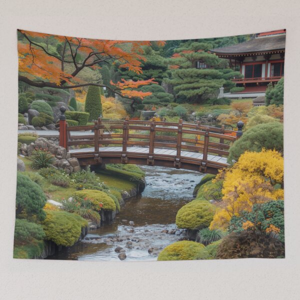 Item preview,  Serene Japanese Garden Bridge Wall Art – Autumn Zen Landscape Print designed and sold by photoart1854.
