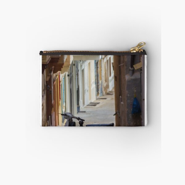 Item preview, Vintage White Scooter Parked in Narrow Mediterranean Alley With Colorful Balconies and Quiet Atmosphere designed and sold by Nmallia.