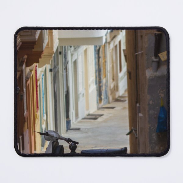 Item preview, Vintage White Scooter Parked in Narrow Mediterranean Alley With Colorful Balconies and Quiet Atmosphere designed and sold by Nmallia.
