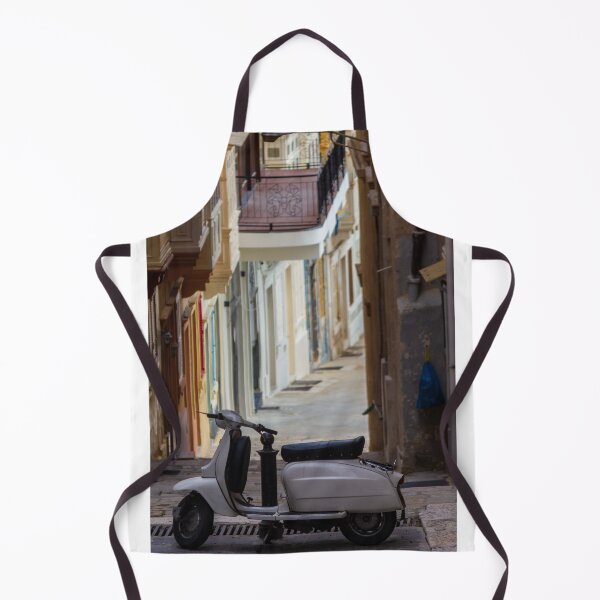 Item preview, Vintage White Scooter Parked in Narrow Mediterranean Alley With Colorful Balconies and Quiet Atmosphere designed and sold by Nmallia.