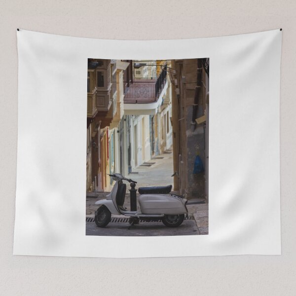 Item preview, Vintage White Scooter Parked in Narrow Mediterranean Alley With Colorful Balconies and Quiet Atmosphere designed and sold by Nmallia.