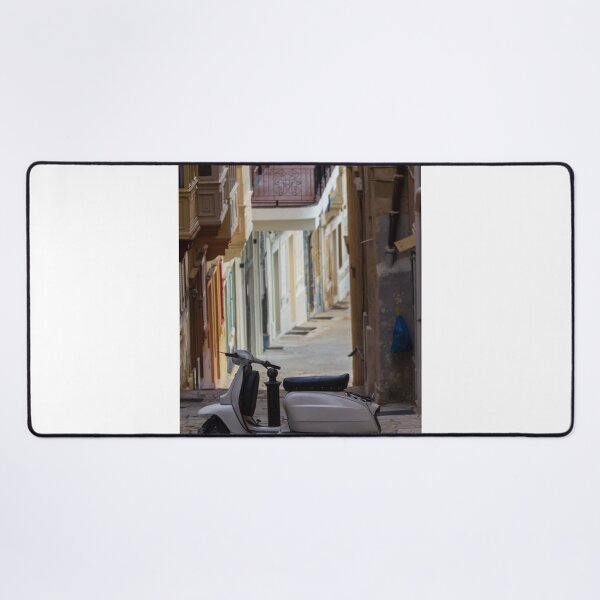 Item preview, Vintage White Scooter Parked in Narrow Mediterranean Alley With Colorful Balconies and Quiet Atmosphere designed and sold by Nmallia.