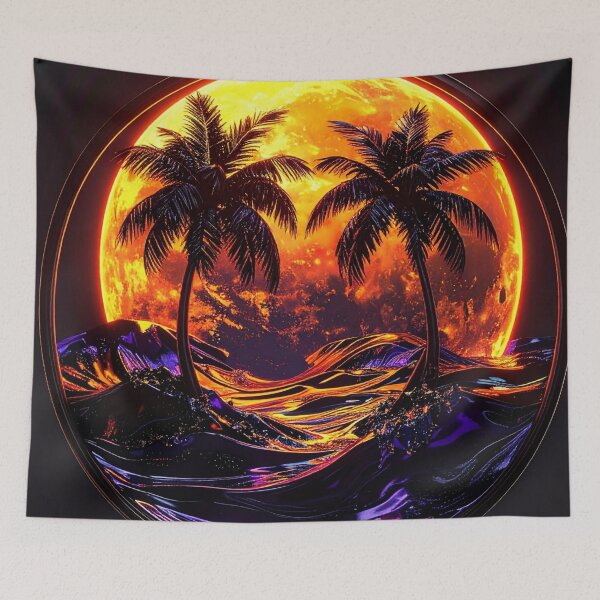 Item preview, Vaporwave Horizon - 3D Liquid Sunset with Palm Silhouettes designed and sold by Kavin786.