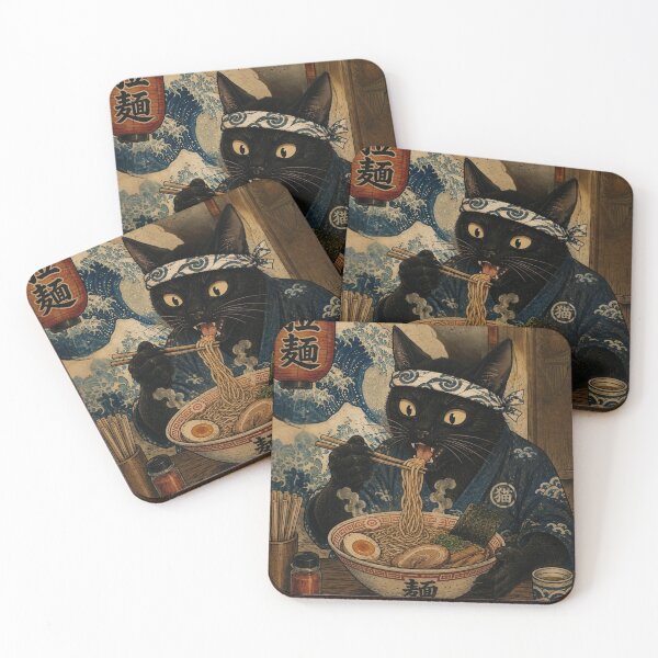 Item preview, Black Cat Eating Ramen - Japanese Ukiyo-e Style Noodle Samurai Art designed and sold by vekotpu.