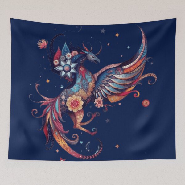 Item preview, Phoenix Folk Art Arabesque Bird Mystical Navy Gold designed and sold by Tama-sirth.