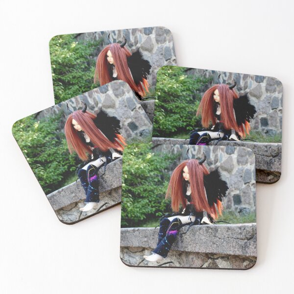 Item preview, Devil doll sitting on a stone fence with green nature background designed and sold by Lenasminiland.