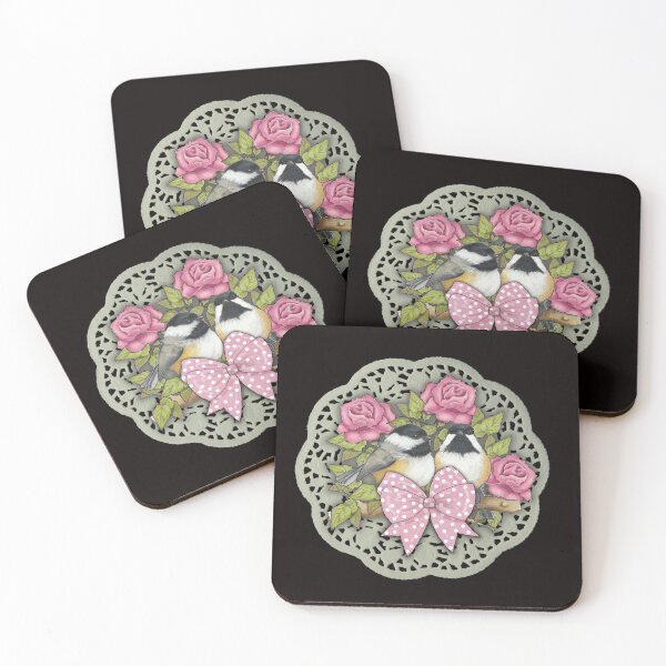 Item preview, Chickadees with Roses and Bow on Lace Doily Background designed and sold by JoyfulWhimsy.