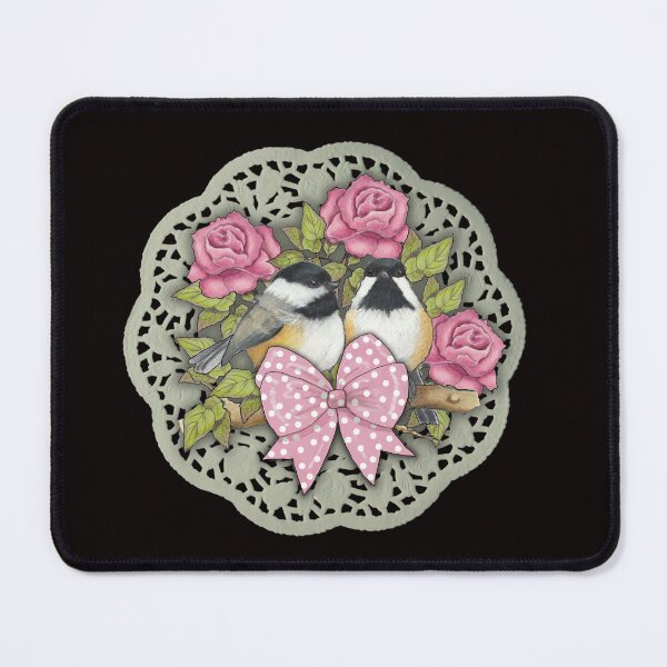Item preview, Chickadees with Roses and Bow on Lace Doily Background designed and sold by JoyfulWhimsy.