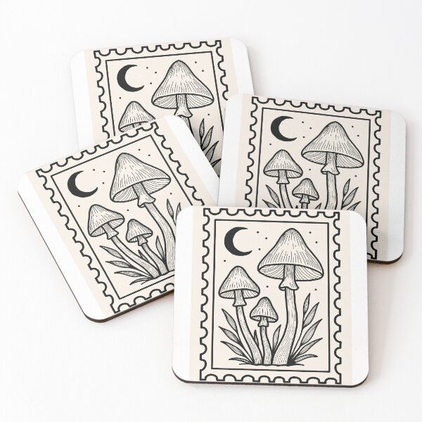 Item preview, Vintage Mushroom Postage Stamp - Mystical Moon & Fungi Linocut Art designed and sold by AliAltinelArt.