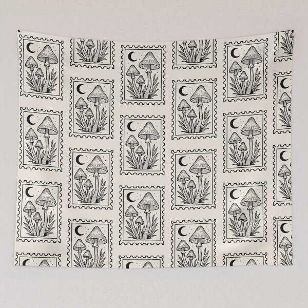 Item preview, Vintage Mushroom Postage Stamp - Mystical Moon & Fungi Linocut Art designed and sold by AliAltinelArt.