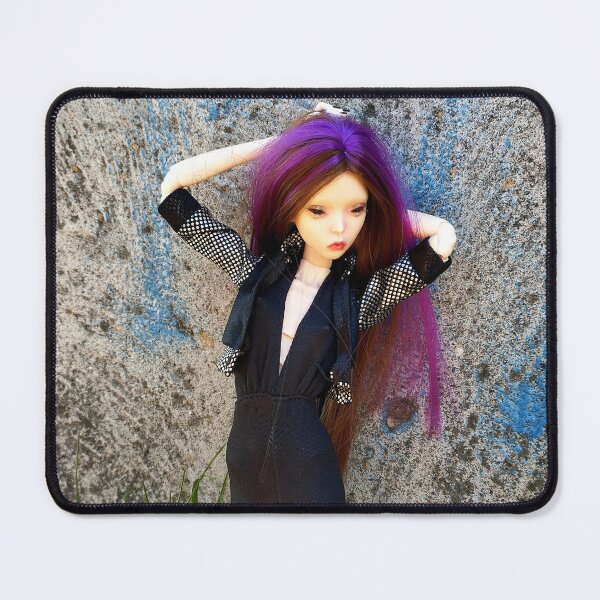 Item preview, A gothic doll with purple hair is standing against a stone wall covered in graffiti designed and sold by Lenasminiland.