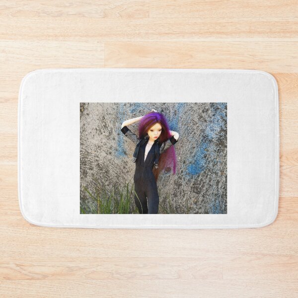 Item preview, A gothic doll with purple hair is standing against a stone wall covered in graffiti designed and sold by Lenasminiland.