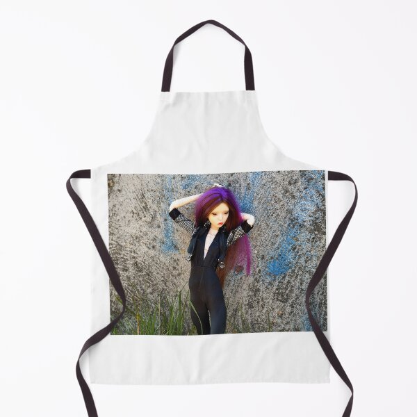Item preview, A gothic doll with purple hair is standing against a stone wall covered in graffiti designed and sold by Lenasminiland.