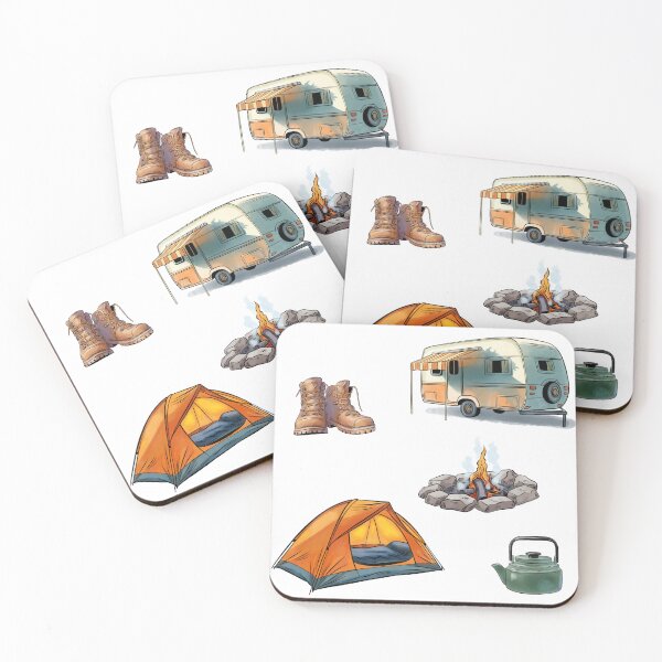 Item preview, Camping gear includes boots, a caravan, a tent, a campfire, and a kettle by a campsite near a forest during the day designed and sold by Ms. Iryna.