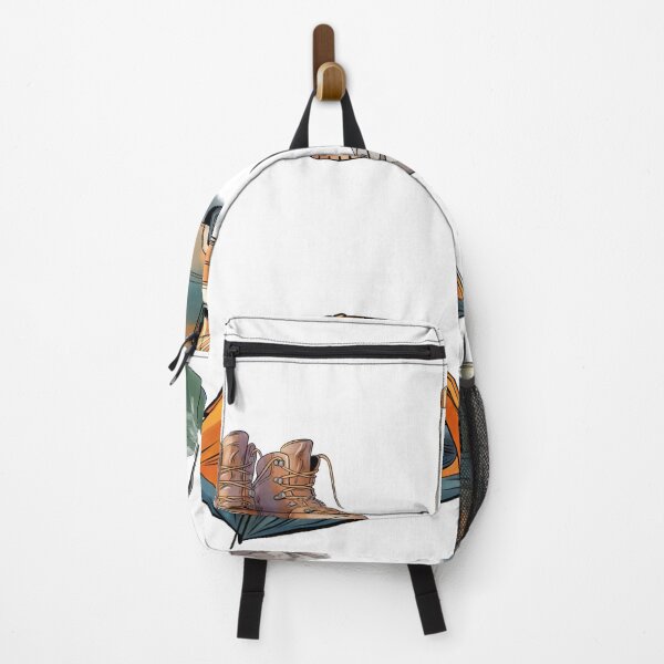 Item preview, Camping gear includes boots, a caravan, a tent, a campfire, and a kettle by a campsite near a forest during the day designed and sold by Ms. Iryna.