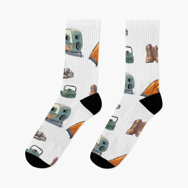 Item preview, Camping gear includes boots, a caravan, a tent, a campfire, and a kettle by a campsite near a forest during the day designed and sold by Ms. Iryna.