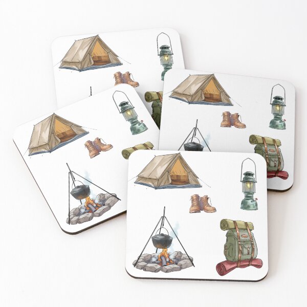 Item preview, Camping setup with tent, lantern, boots, fire pit, and backpack for outdoor adventure in the woods designed and sold by Ms. Iryna.