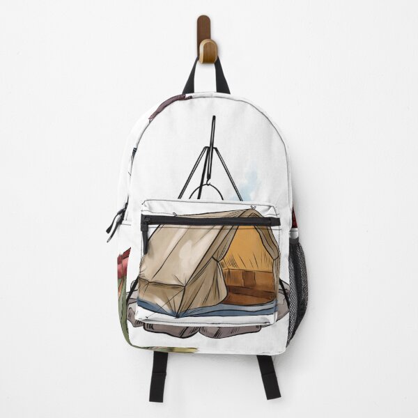 Item preview, Camping setup with tent, lantern, boots, fire pit, and backpack for outdoor adventure in the woods designed and sold by Ms. Iryna.