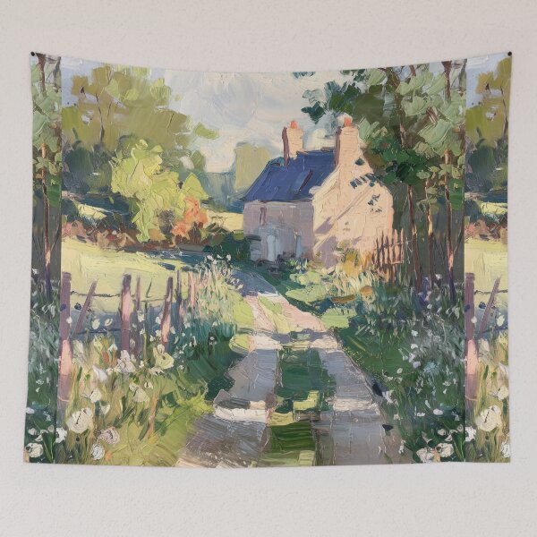 Item preview, French Stone Cottage Path Painting | Vintage Countryside Wall Art designed and sold by CARRAANN.