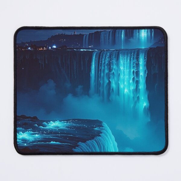 Item preview, Glowing Blue Waterfall Wall Art, Fantasy Night Landscape Print designed and sold by BeautifulVirtues.