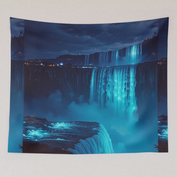 Item preview, Glowing Blue Waterfall Wall Art, Fantasy Night Landscape Print designed and sold by BeautifulVirtues.
