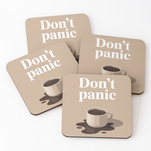 Item preview, Spilled cup of coffee and the text “Don’t panic” designed and sold by GiriaGallery.