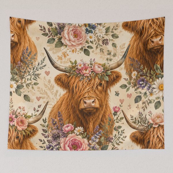 Item preview, Highland Cow Floral Vintage Pattern Artwork designed and sold by ArtComixHaven.