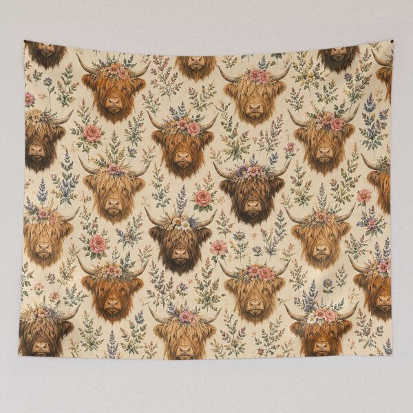 Item preview, Highland Cow Floral Vintage Pattern Artwork designed and sold by ArtComixHaven.