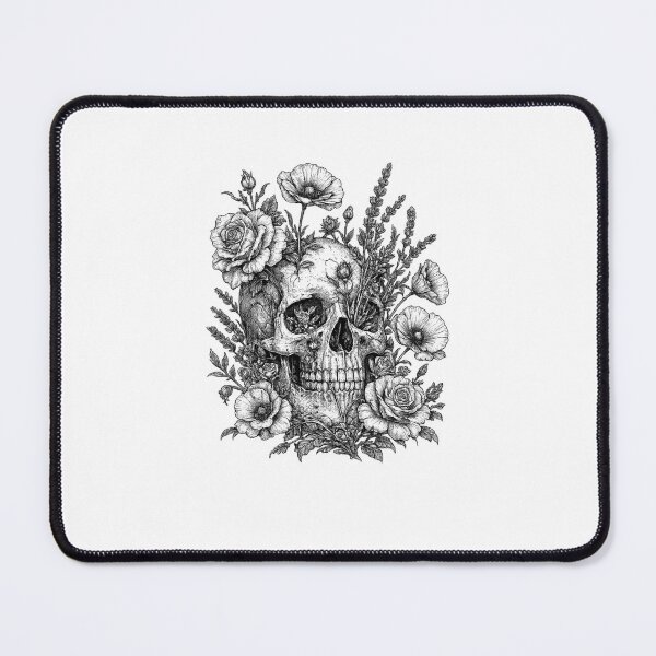 Item preview, Floral Skull with Roses Lavender and Poppies Woodcut Engraving Black and White Line Art designed and sold by OnPointOutfits.