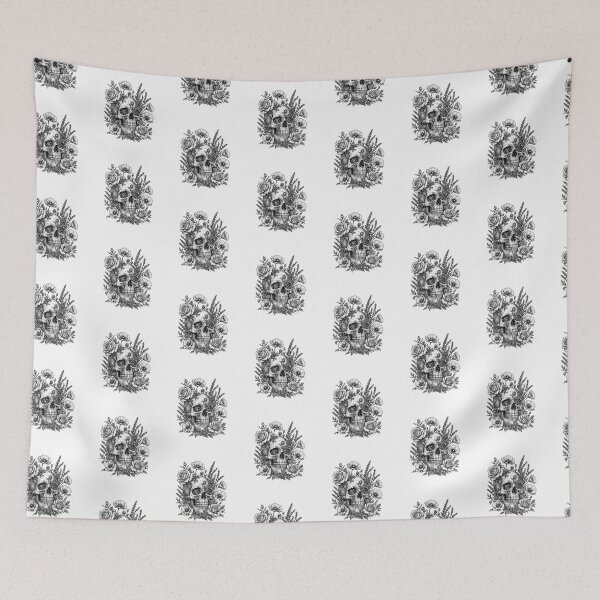 Item preview, Floral Skull with Roses Lavender and Poppies Woodcut Engraving Black and White Line Art designed and sold by OnPointOutfits.