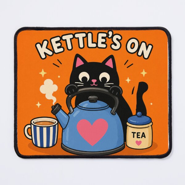 Item preview, Kettle’s On Cute Black Cat Tea Lover Sticker | Cozy British Tea Aesthetic designed and sold by Sandy's Cheeky Studio.