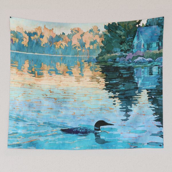Item preview, Loon Lake Cabin Sunset Watercolor designed and sold by Janine Aykens.