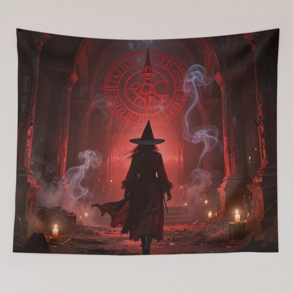 Item preview, magnific ancient temple interior bathed in crimson candleli designed and sold by tim tal.