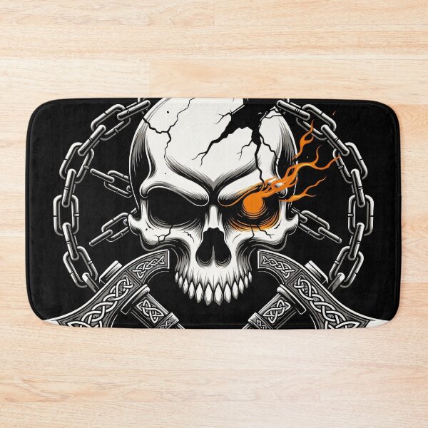 Item preview, Viking Skull Flaming Eye Crossed Axes Odin Raven designed and sold by Mythborn Saga.