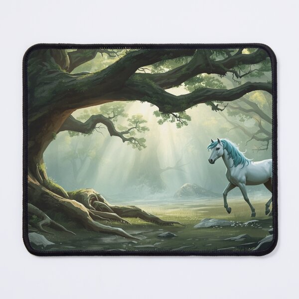 Item preview, Mystical White Horse Enchanted Forest Sunbeams Playmat designed and sold by Mythborn Saga.