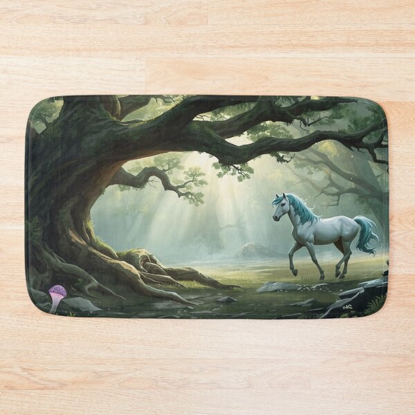 Item preview, Mystical White Horse Enchanted Forest Sunbeams Playmat designed and sold by Mythborn Saga.