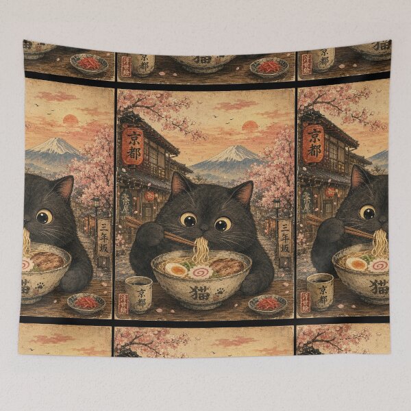 Item preview, Black Cat Ramen Feast - Vintage Japanese Ukiyo-e  designed and sold by merchxwear.
