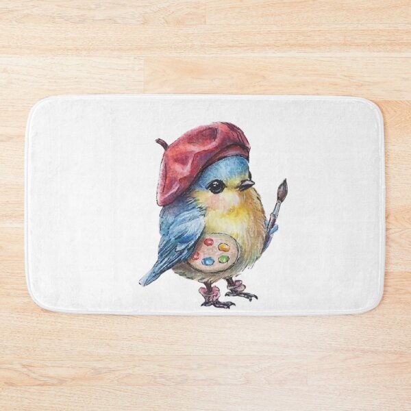 Artikelvorschau, Künstlervogel mit Baskenmütze – Kawaii-Aquarellmaler entworfen und verkauft von AnyeloDesign.