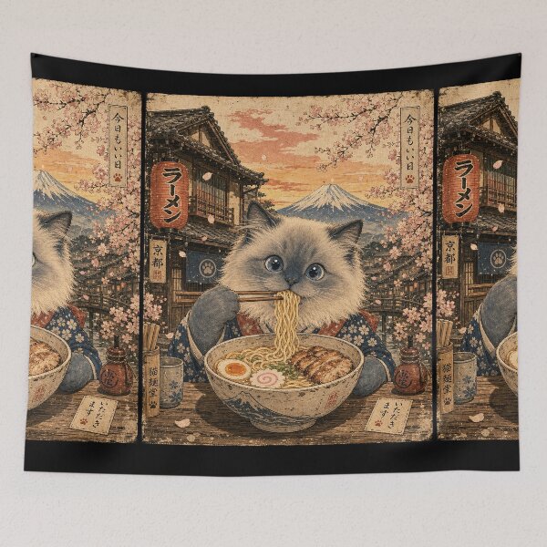 Item preview, Ragdoll Cat Eating Ramen - Vintage Japanese Ukiyo-e  designed and sold by merchxwear.