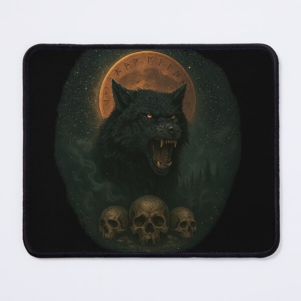 Item preview, Fenrir Black Wolf Full Moon Skulls Norse Runes designed and sold by Mythborn Saga.