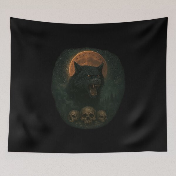 Item preview, Fenrir Black Wolf Full Moon Skulls Norse Runes designed and sold by Mythborn Saga.