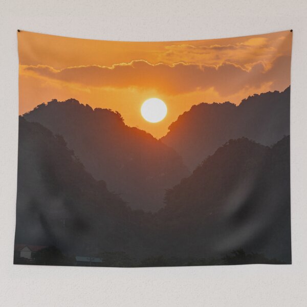 Item preview, Sunset over Trang An Karst Peaks - Golden Hour Ninh Binh | Majestic Vietnam Landscape Art designed and sold by Ross.A.Campbell.