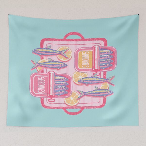 Item preview, Cute Retro Sardines with Lemon Slices | Pink Mediterranean Food Illustration designed and sold by MinimalAnGo.