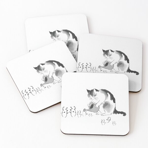 Item preview, Sumi-e Cat Watering Tiny Sprouts – Minimal Japanese Ink Art designed and sold by LEO'S CREATURE　れおずくりーちゃー.