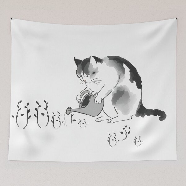 Item preview, Sumi-e Cat Watering Tiny Sprouts – Minimal Japanese Ink Art designed and sold by LEO'S CREATURE　れおずくりーちゃー.