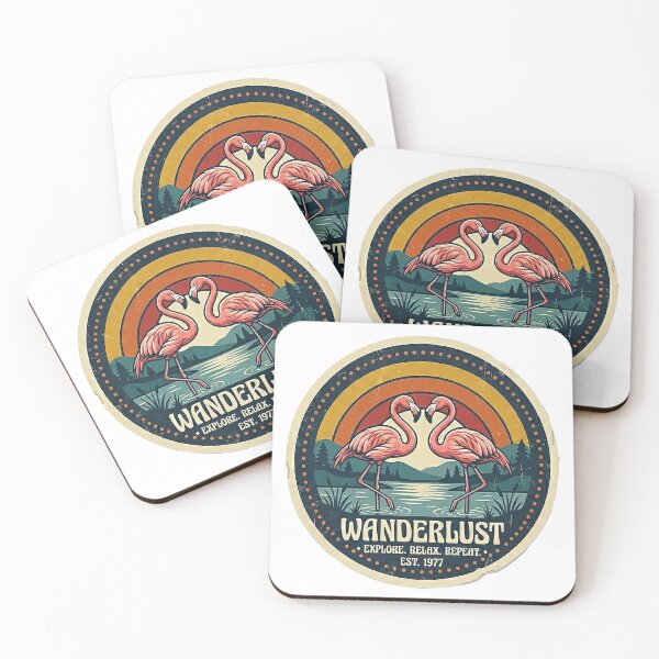 Artikelvorschau, Vintage Wanderlust Flamingo Retro Sunset Badge Aufkleber entworfen und verkauft von TopherK-Designs.
