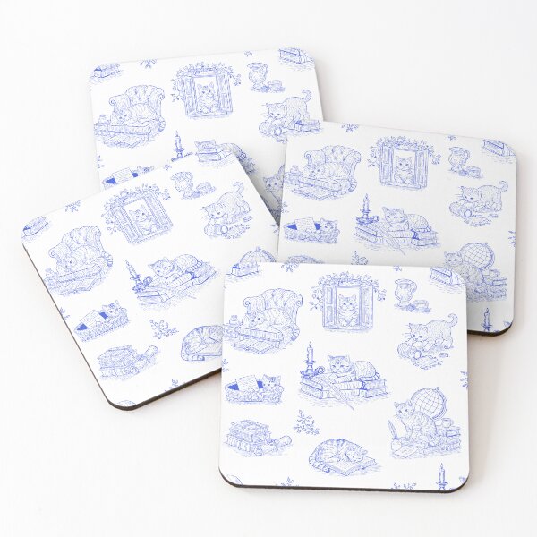 Item preview, Blue Cat Toile de Jouy Vintage Literary Kittens Cottagecore Pattern designed and sold by Pharmkitty.
