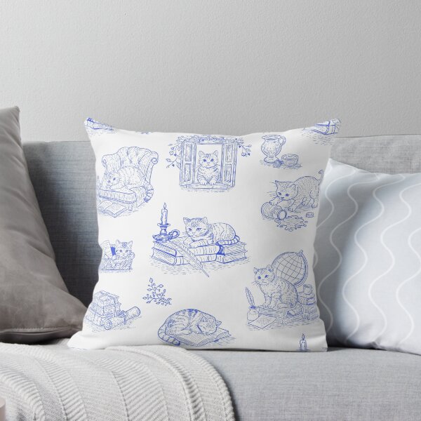 Item preview, Blue Cat Toile de Jouy Vintage Literary Kittens Cottagecore Pattern designed and sold by Pharmkitty.