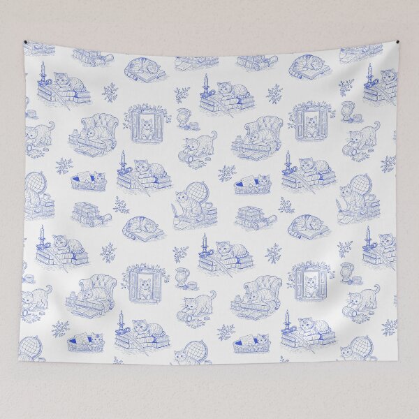 Item preview, Blue Cat Toile de Jouy Vintage Literary Kittens Cottagecore Pattern designed and sold by Pharmkitty.
